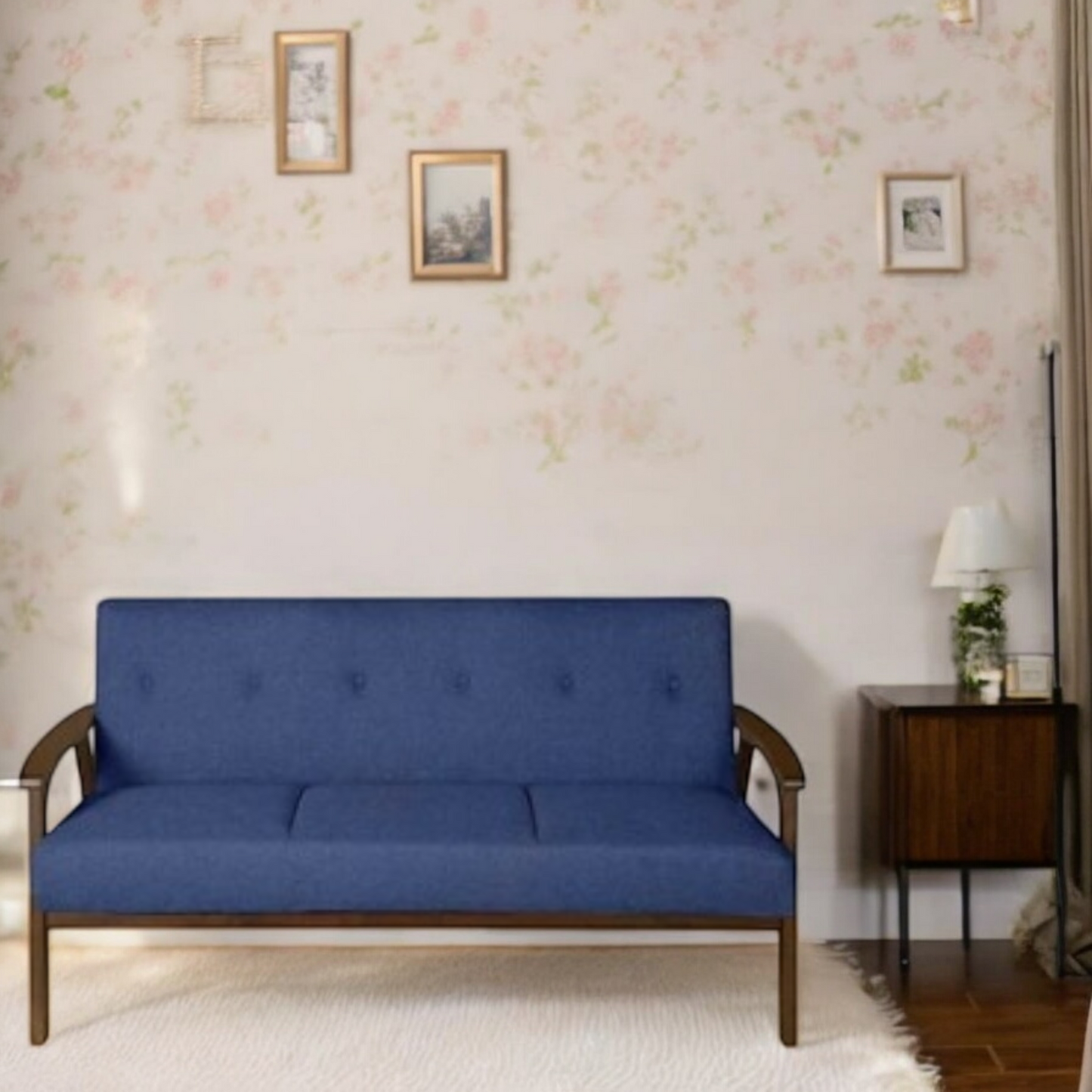 Sheesham Wood and Upholstered 3 Seater Sofa for Living Room Home Office Furniture |(Upholstered - Navy Rayon Velvet + Dark Brown)