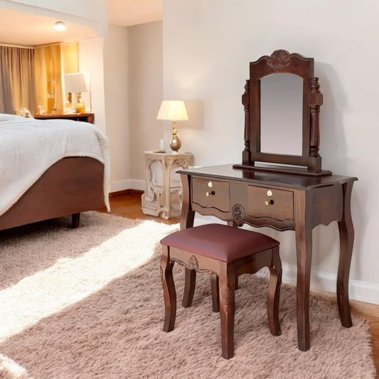 Dressing Table with Mirror and Stool | Sheesham Wood Stylish Wooden Vanity | Compact Design Durable Elegant Bedroom Furniture Makeup Organizer Home Decor (Brown)