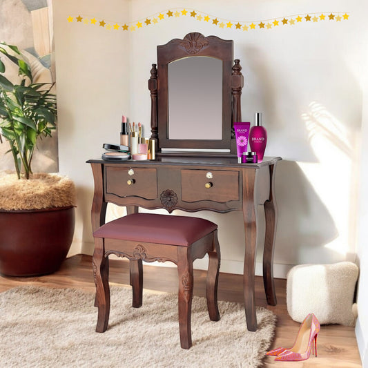 Wooden Antique Dressing Table with Stool – Elegant Makeup Vanity with Storage for Living Room, Bedroom & Home Décor (White Finish)