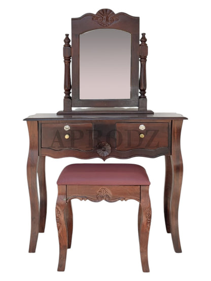 Dressing Table with Mirror and Stool | Sheesham Wood Stylish Wooden Vanity | Compact Design Durable Elegant Bedroom Furniture Makeup Organizer Home Decor (Brown)
