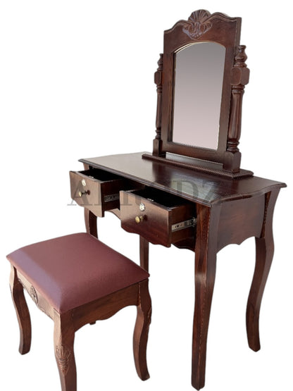 Dressing Table with Mirror and Stool | Sheesham Wood Stylish Wooden Vanity | Compact Design Durable Elegant Bedroom Furniture Makeup Organizer Home Decor (Brown)