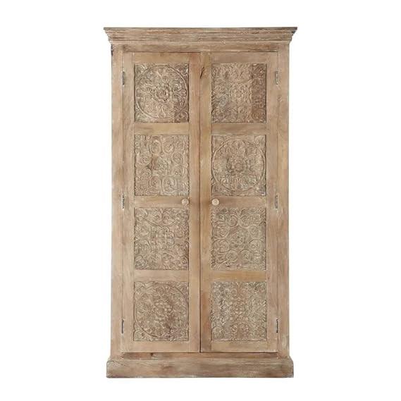 Floreale Carved Mango Wood 2-Door Wardrobe Storage Almirah Cupboard for Cloths (White + Silver and Natural) Aprodz