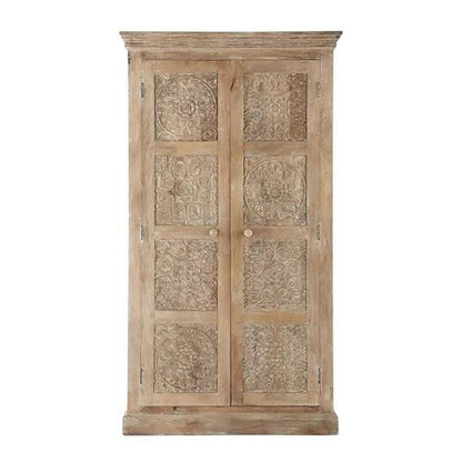 Floreale Carved Mango Wood 2-Door Wardrobe Storage Almirah Cupboard for Cloths (White + Silver and Natural) Aprodz