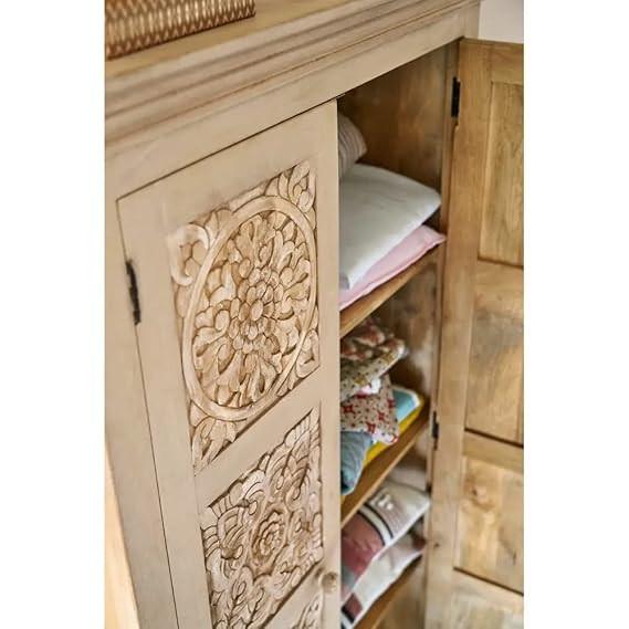 Floreale Carved Mango Wood 2-Door Wardrobe Storage Almirah Cupboard for Cloths (White + Silver and Natural) Aprodz