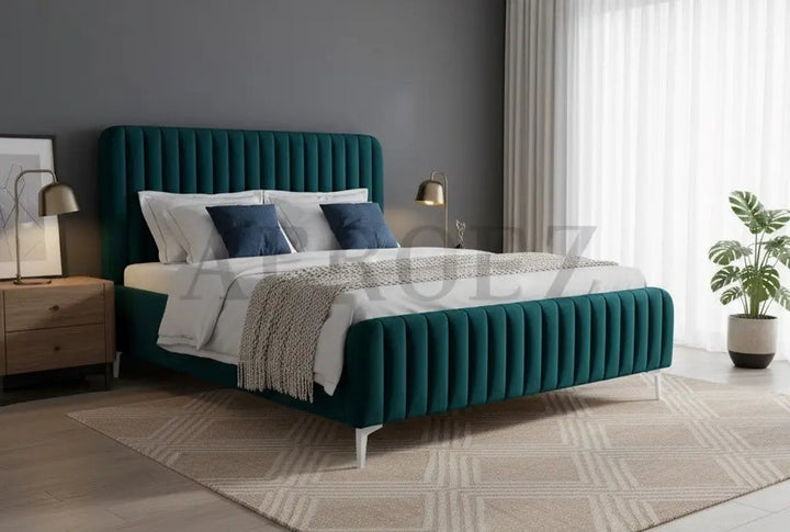 Translation missing: en.Fluted Velvet Upholstered Bed – Premium Platform Bed with Metal Feet &amp; Luxurious Comfort for Bedroom &amp; Home 