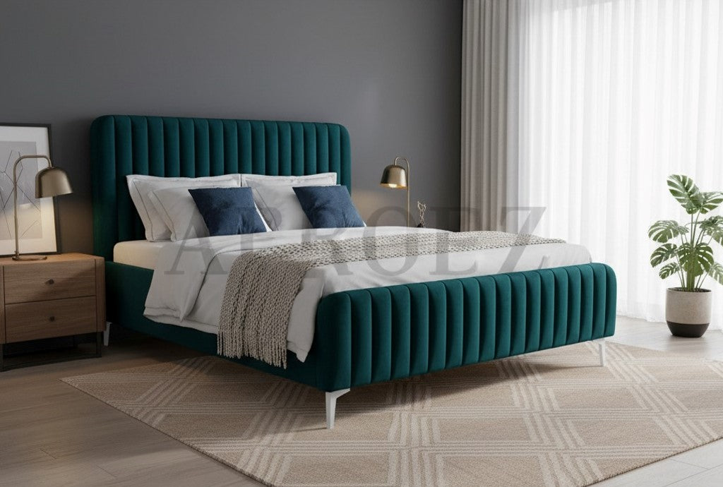 Fluted Velvet Upholstered Bed – Premium Platform Bed with Metal Feet & Luxurious Comfort for Bedroom & Home