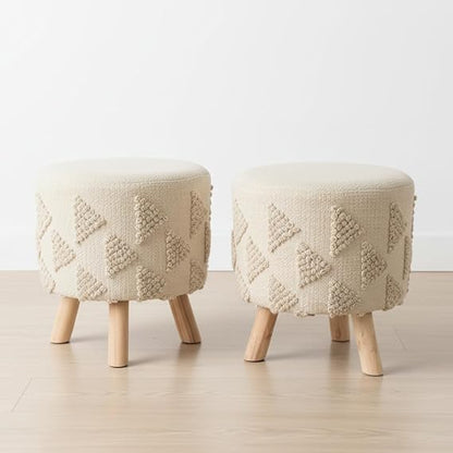 Boho Textured Ottoman Stool – Handwoven Cream Pouffe with Wooden Legs set of 2 Aprodz