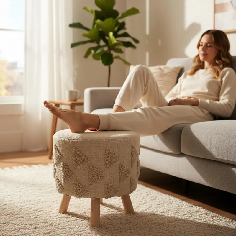 Boho Textured Ottoman Stool – Handwoven Cream Pouffe with Wooden Legs set of 2 