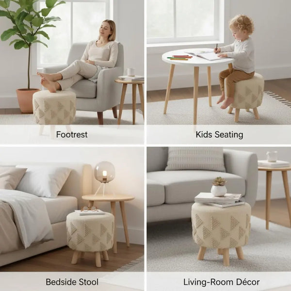 Boho Textured Ottoman Stool – Handwoven Cream Pouffe with Wooden Legs set of 2 