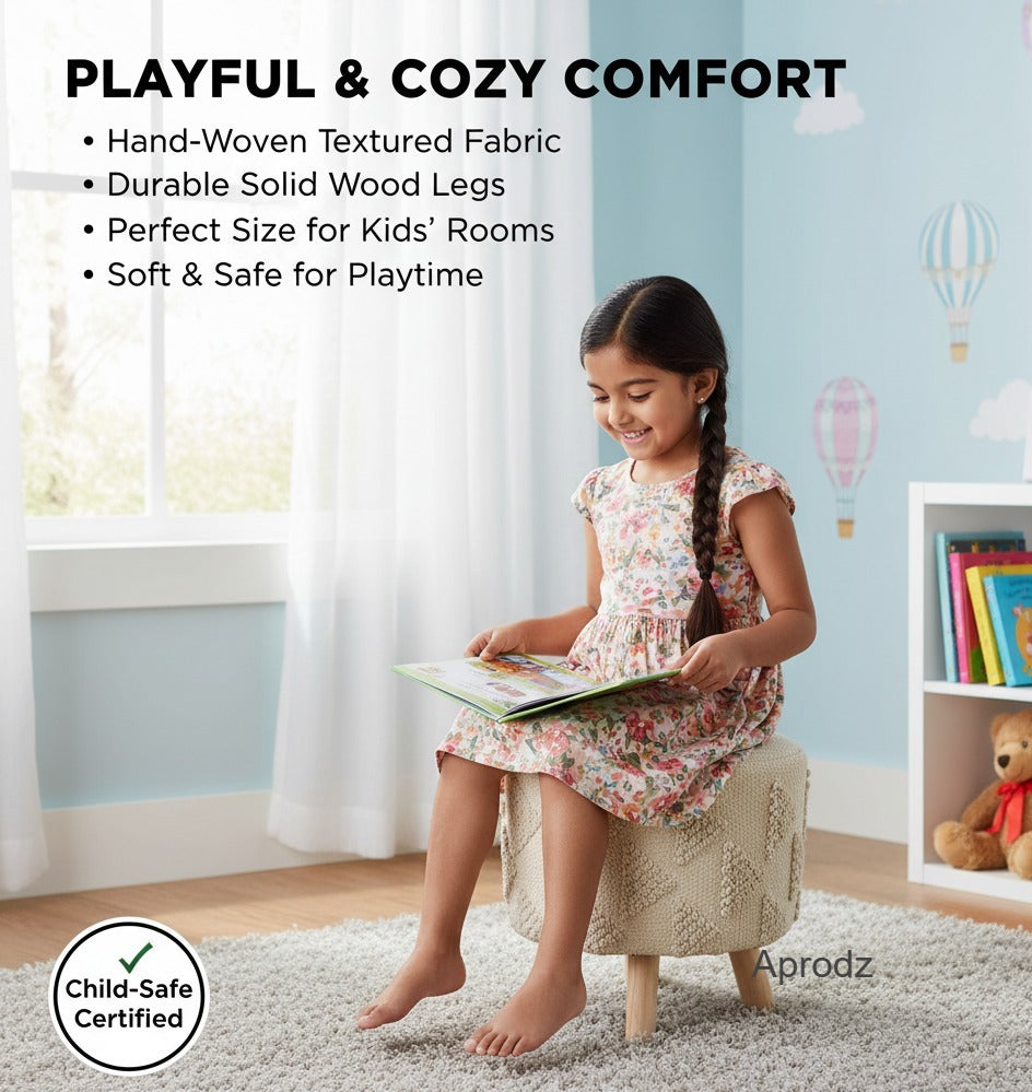 Boho Textured Ottoman Stool – Handwoven Cream Pouffe with Wooden Legs set of 2 Aprodz