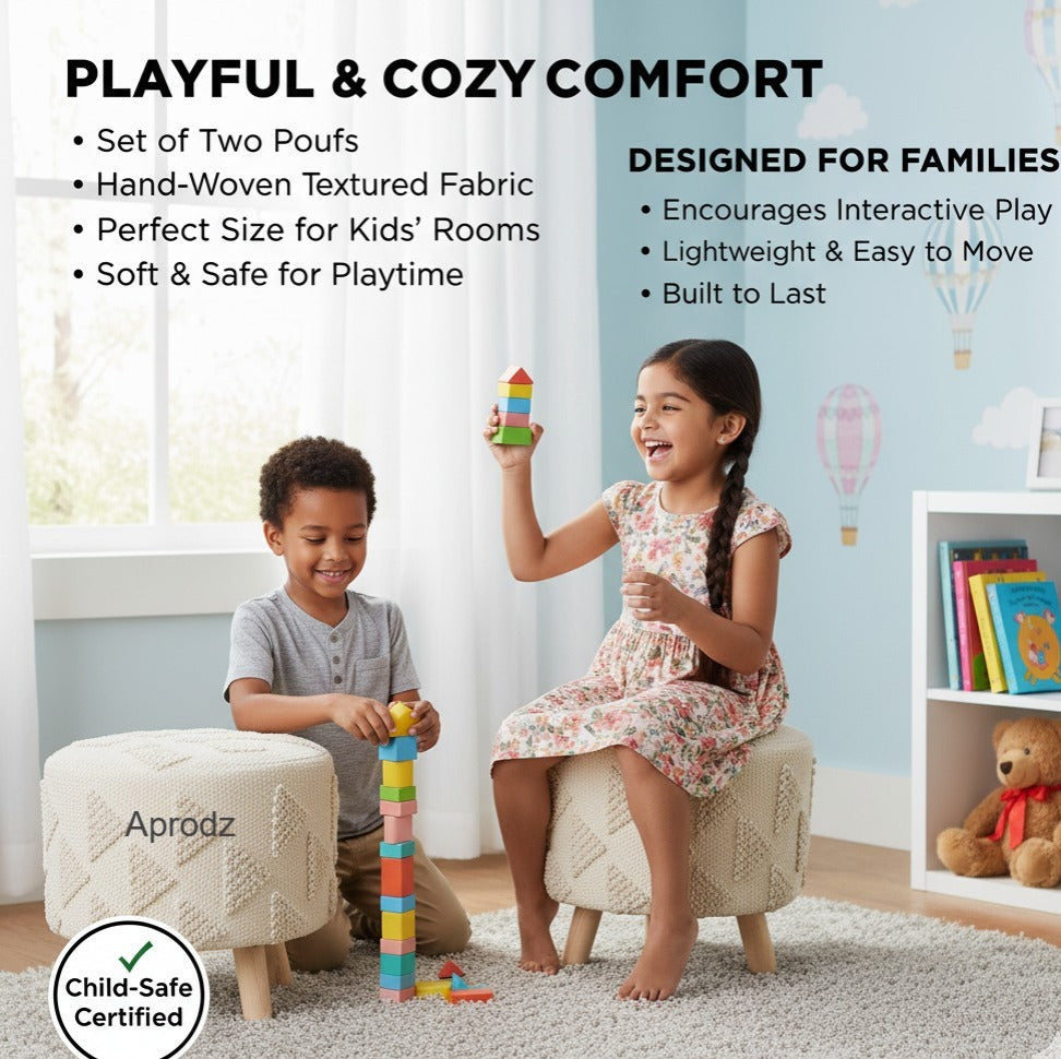 Boho Textured Ottoman Stool – Handwoven Cream Pouffe with Wooden Legs set of 2 Aprodz