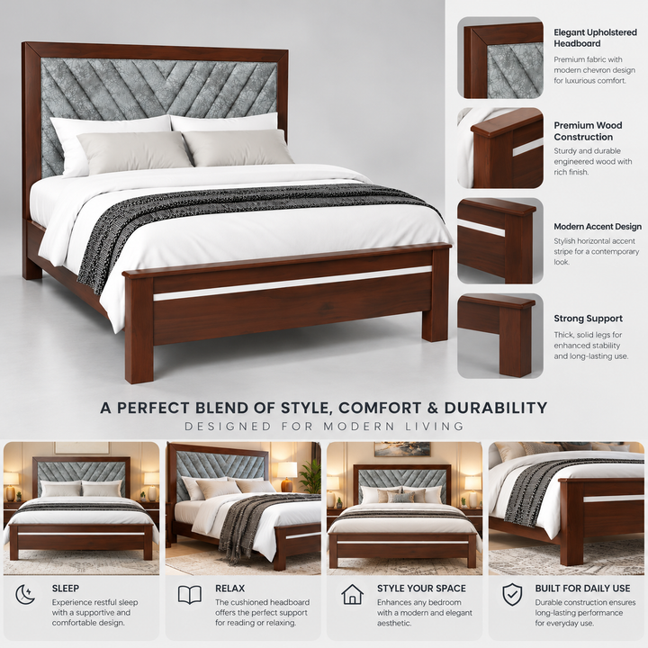 Translation missing: en.Sheesham Wood Bed Without Storage | Solid Wood Double Bed | Tufted Upholstered Headboard | Dark Walnut  Bed