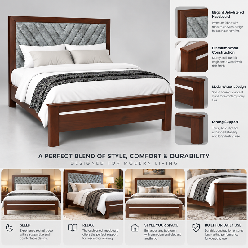 Sheesham Wood Bed Without Storage | Solid Wood Double Bed | Tufted Upholstered Headboard | Dark Walnut  Bed