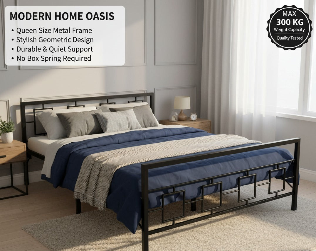 Metal Bed | Metal Bed With Foam Mattress Included | (King, Queen, Single Size with Mattress) (Geometric Design & Geometric Design with Foam) Aprodz