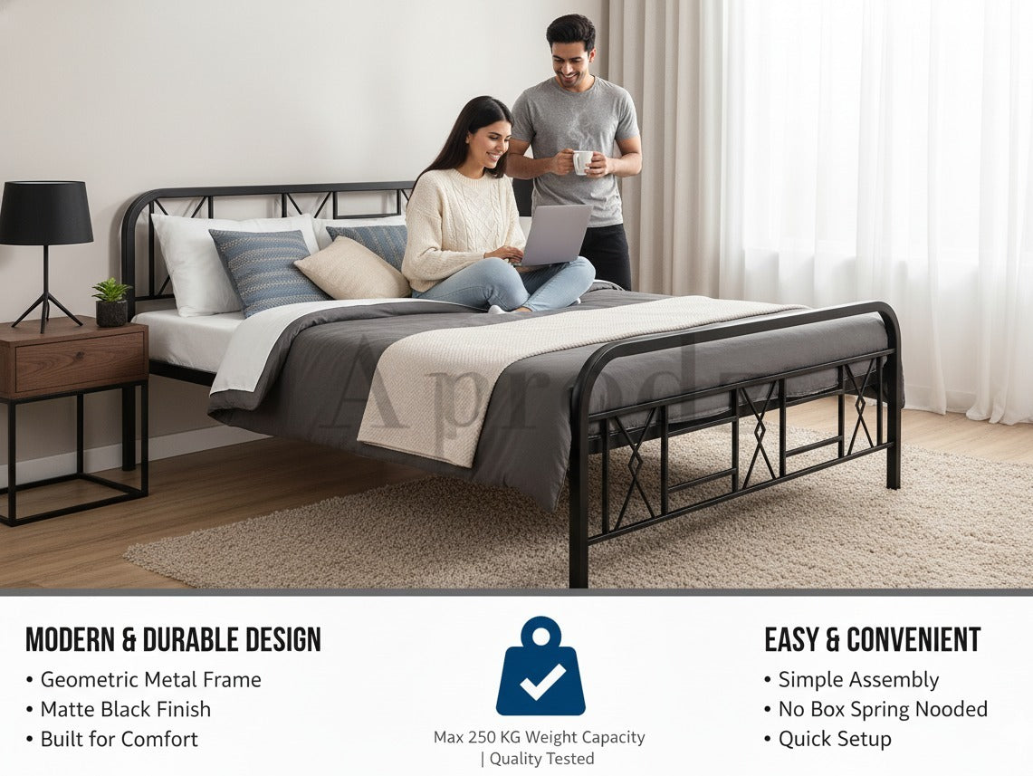 Metal Bed (Geometric Design(A) & Geometric Design(A) With Foam) | Folding Bed No Assembly Required | Powder Coated | King Size & Queen Size) Aprodz