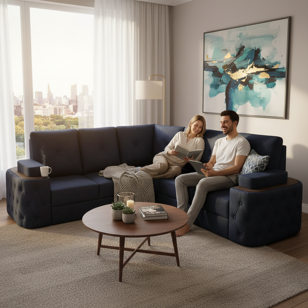 7-Seater Sofa with Padded Armrest, Premium Faux Leather Fabric Corner Sofa for Guests, Living 