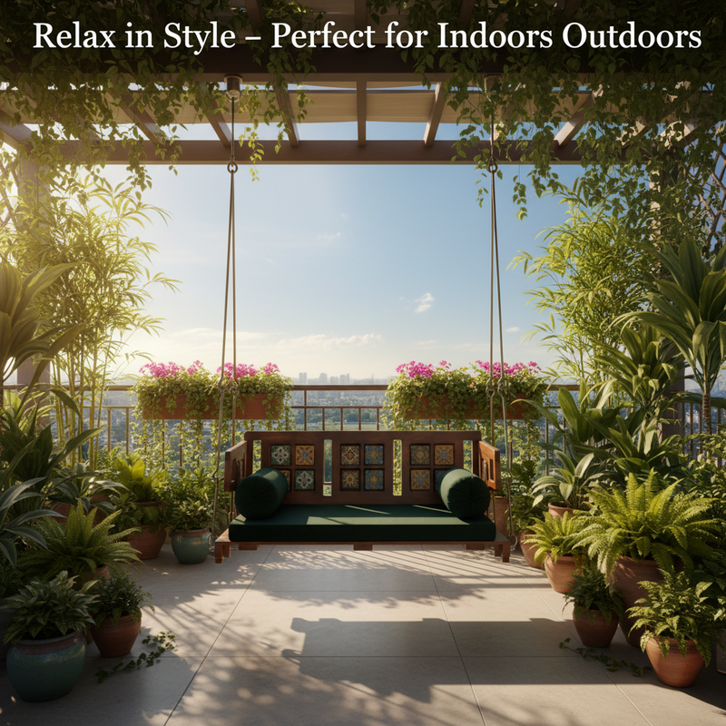 Reversible Wooden Swing Jhula with Brass Coated Chainfor Indoor Outdoor & Balcony | House 
