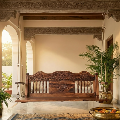 Wooden Jhula for Adults for Home Swing Jhula with Brass Chain and Carving for 