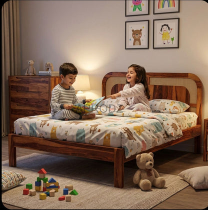 Sheesham Wood King Size & Queen Size Bed with Cane Headboard, Solid Wooden Frame 