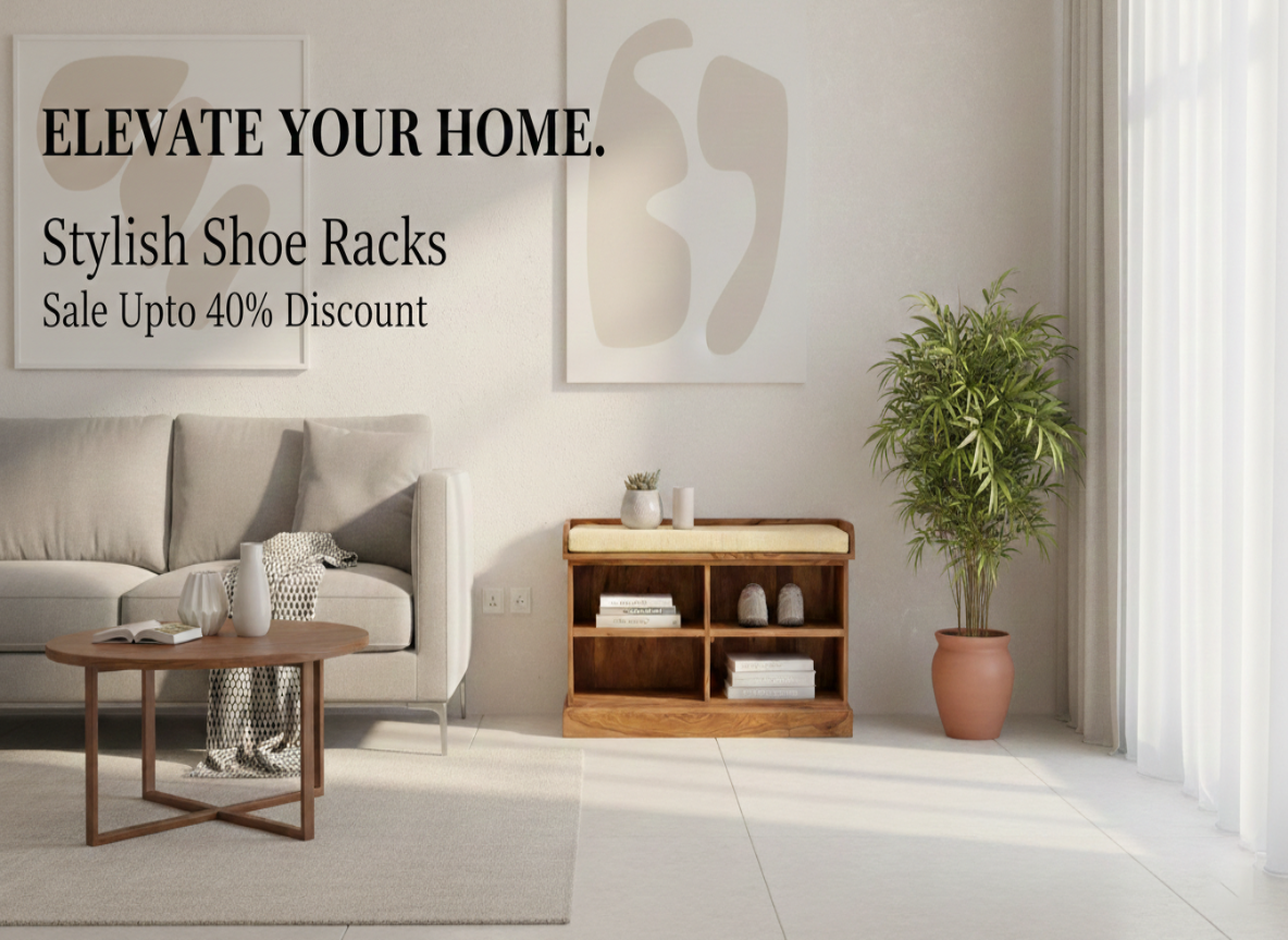 Modern living room with a shoe rack and promotional text for stylish shoe racks.