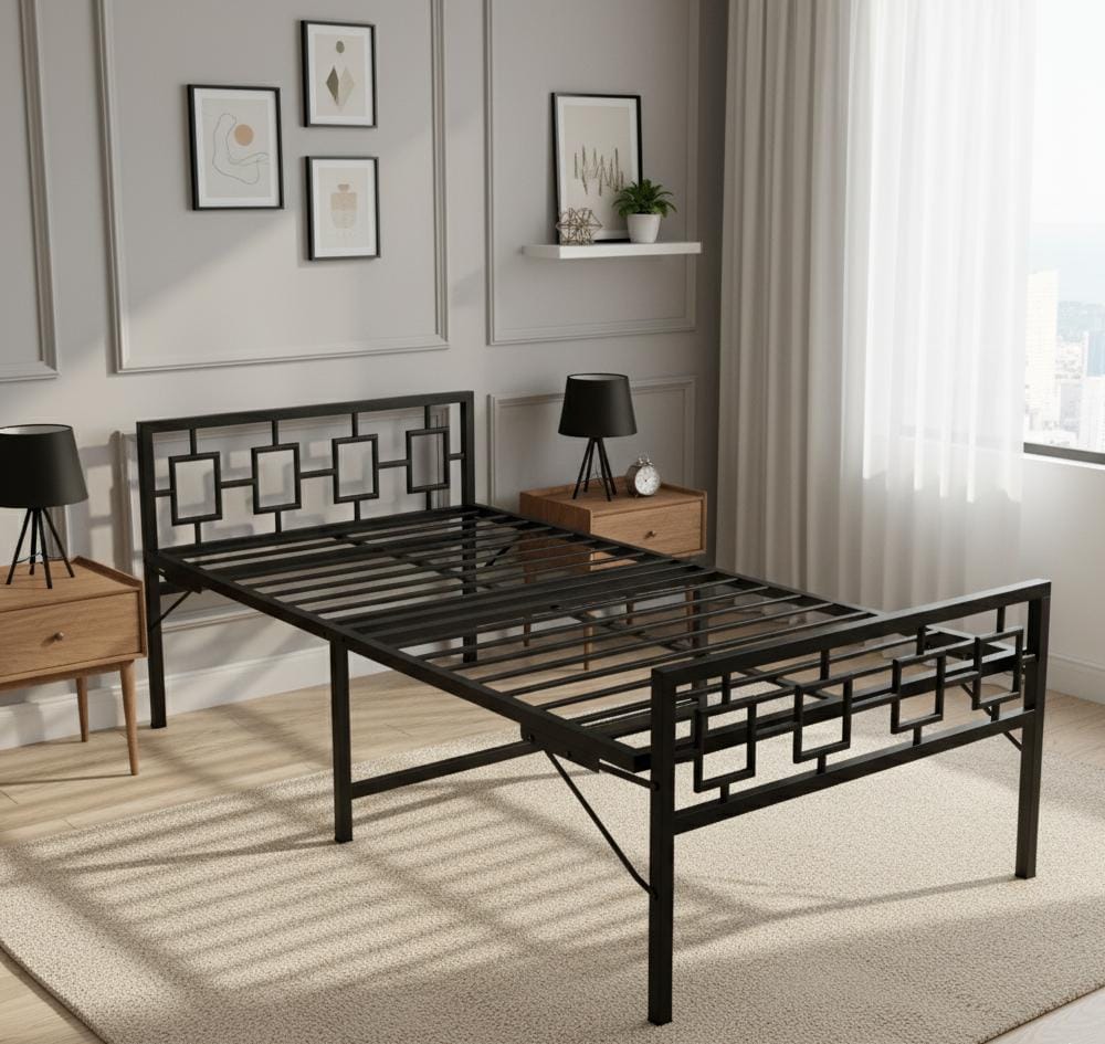Metal Bed | Metal Bed With Foam Mattress Included | (King, Queen, Single Size with Mattress) (Geometric Design & Geometric Design with Foam)  metal bed