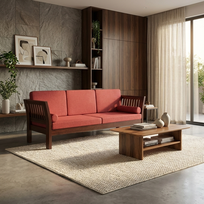 Mocko Sheesham Wood 3 Seater Sofa Set with Cushions for Living Room 
