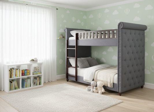 Cindy Upholstered Bunk Bed for Bedroom (Fabric Upholstered-Denim Blue + Dark Brown) 