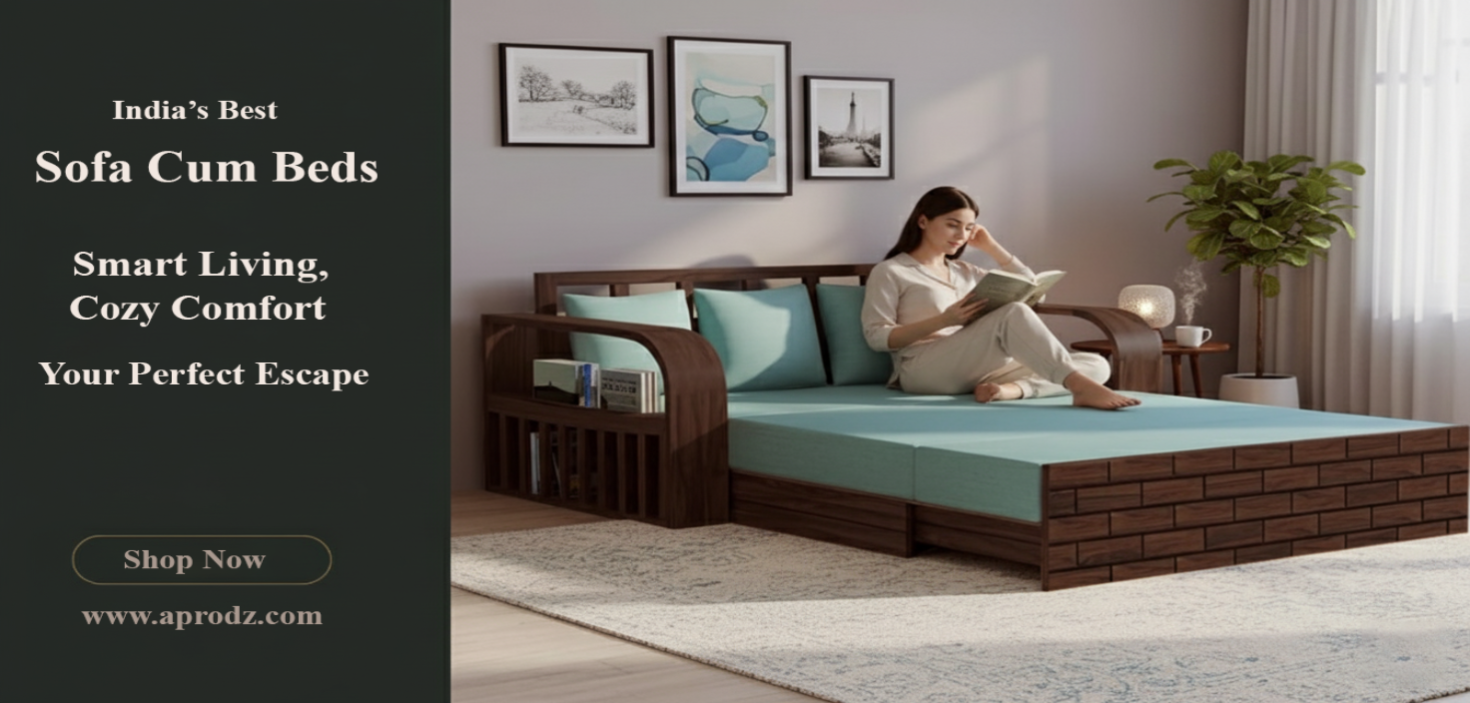 Promotional banner displaying a sofa-cum-bed in folded and extended positions.