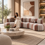 6 Seater Curved Sectional Sofa Set with Swivel Accent Chair, Modern Striped Fabric Couch for Living Room, Terracotta and Cream Stripe 