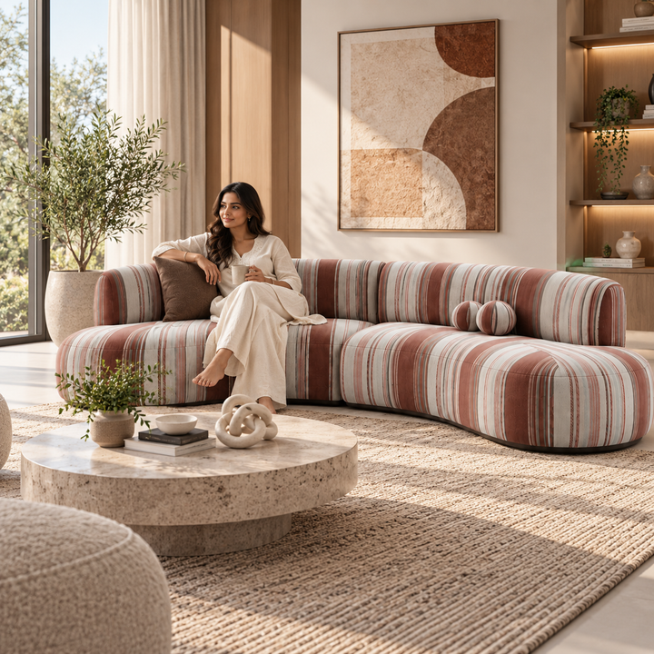 Translation missing: en.6 Seater Curved Sectional Sofa Set with Swivel Accent Chair, Modern Striped Fabric Couch for Living Room, Terracotta and Cream Stripe 