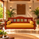 Wooden Jhula Swing with Lotus Carved Backrest, Ceramic Tiles & Mustard Cushion 