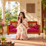 Wooden Jhula Swing with Hand-Painted Floral Tiles & Magenta Cushion 