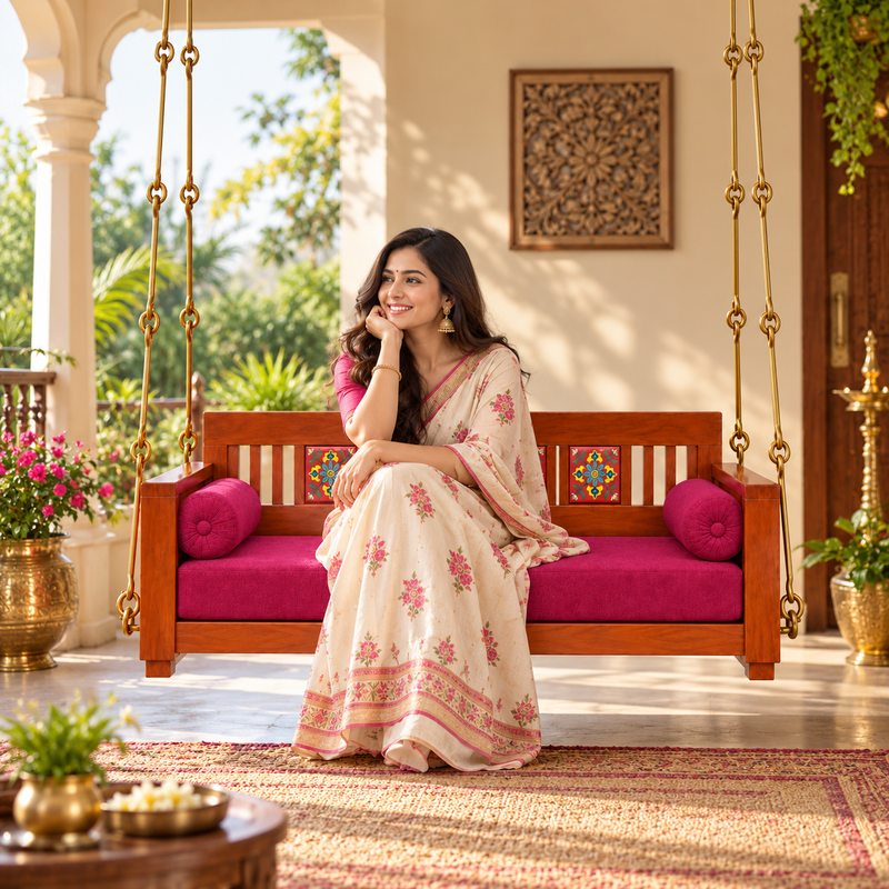 Wooden Jhula Swing with Hand-Painted Floral Tiles & Magenta Cushion 