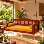 Wooden Jhula Swing with Lotus Carved Backrest, Ceramic Tiles & Mustard Cushion 