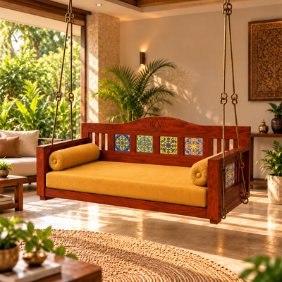 Wooden Jhula Swing with Lotus Carved Backrest, Ceramic Tiles & Mustard Cushion 