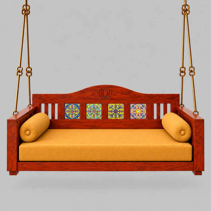 Wooden Jhula Swing with Lotus Carved Backrest, Ceramic Tiles & Mustard Cushion 