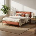 Upholstered Platform Bed with Velvet Tufted Headboard Beige Fabric + Gold Powdercaoted 