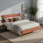 Upholstered Platform Bed with Velvet Tufted Headboard Beige Fabric + Gold Powdercaoted 