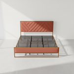 Upholstered Platform Bed with Velvet Tufted Headboard Beige Fabric + Gold Powdercaoted 