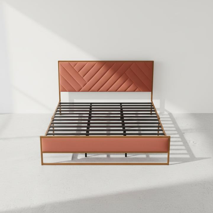 Translation missing: en.Upholstered Platform Bed with Velvet Tufted Headboard Beige Fabric + Gold Powdercaoted 