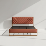 Upholstered Platform Bed with Velvet Tufted Headboard Beige Fabric + Gold Powdercaoted 