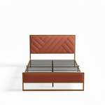 Upholstered Platform Bed with Velvet Tufted Headboard Beige Fabric + Gold Powdercaoted 