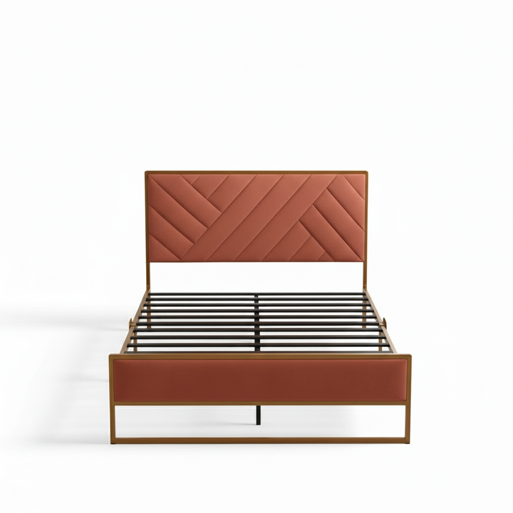 Translation missing: en.Upholstered Platform Bed with Velvet Tufted Headboard Beige Fabric + Gold Powdercaoted 