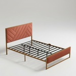 Upholstered Platform Bed with Velvet Tufted Headboard Beige Fabric + Gold Powdercaoted 