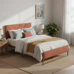 Upholstered Platform Bed with Velvet Tufted Headboard Beige Fabric + Gold Powdercaoted 