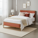 Upholstered Platform Bed with Velvet Tufted Headboard Beige Fabric + Gold Powdercaoted 