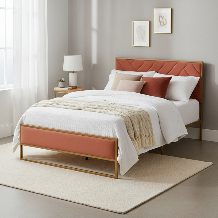 Translation missing: en.Upholstered Platform Bed with Velvet Tufted Headboard Beige Fabric + Gold Powdercaoted 