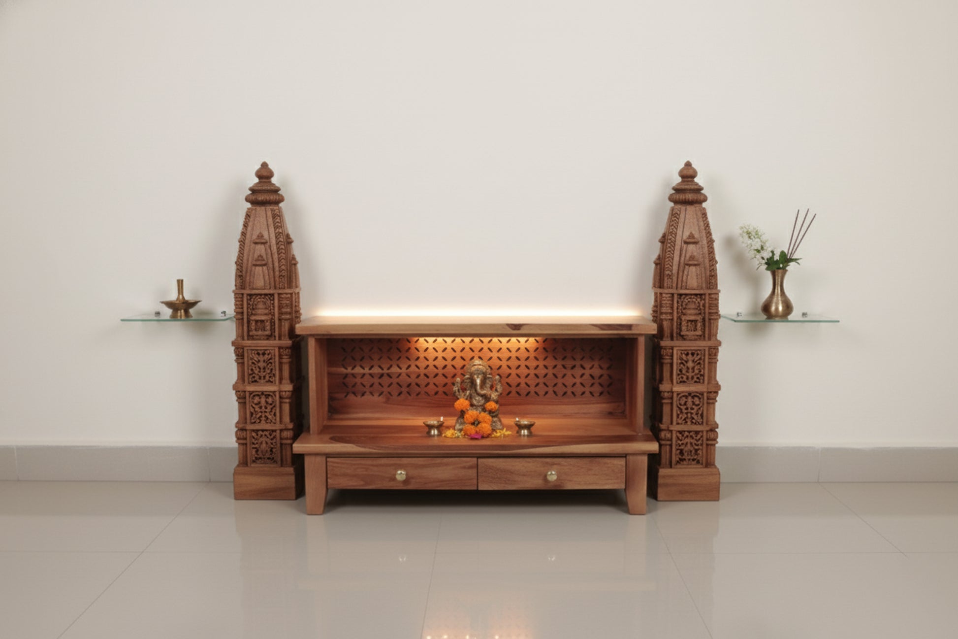 Wooden Pooja Temple – Solid Wood Floor-Mount, Polished Finish, 88.9 × 35.6 × 45.7 cm, Living Room Mandir Aprodz