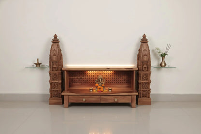 Wooden Pooja Temple – Solid Wood Floor-Mount, Polished Finish, 88.9 × 35.6 × 45.7 cm, Living Room Mandir 