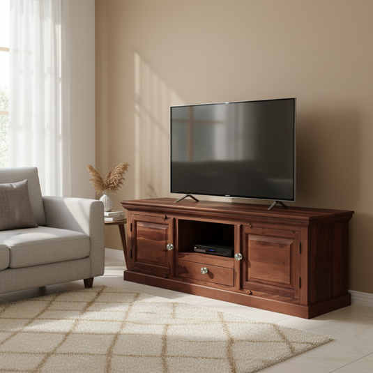 Translation missing: en.Sheesham Wood TV Unit Cabinet with Shelves &amp; Drawer | Walnut Finish 